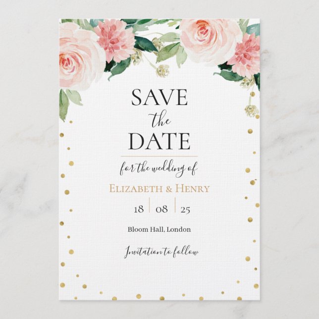 Convites Blush pink gold peony floral wedding save the date (Frente)