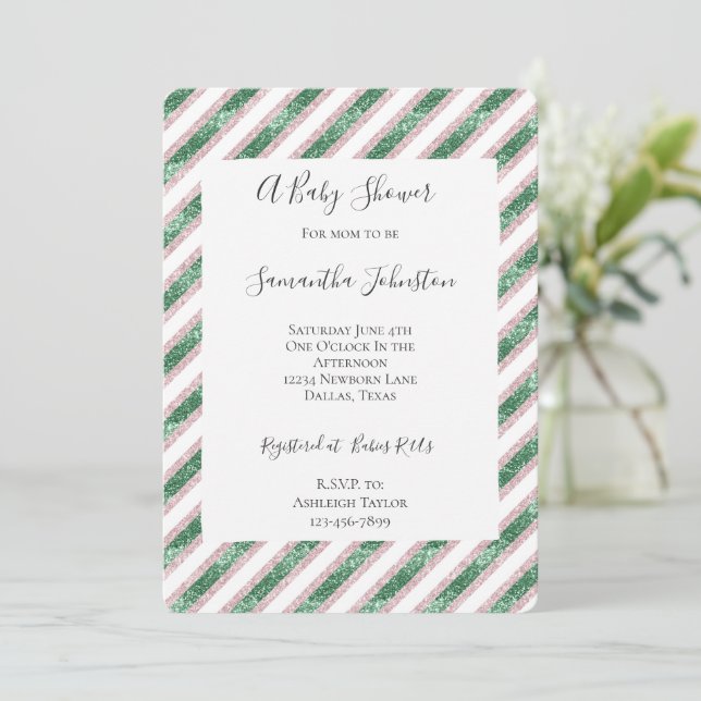 Convites Blush Pink Green Glitzy Glam Stripes Baby Shower (Em pé/Frente)
