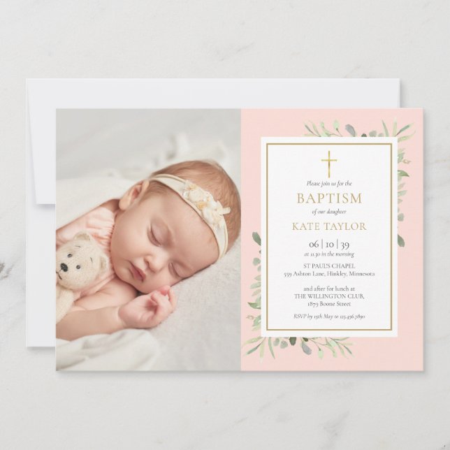 Convites Blush Pink Greenerescente Baptism Foto de Natal (Frente)