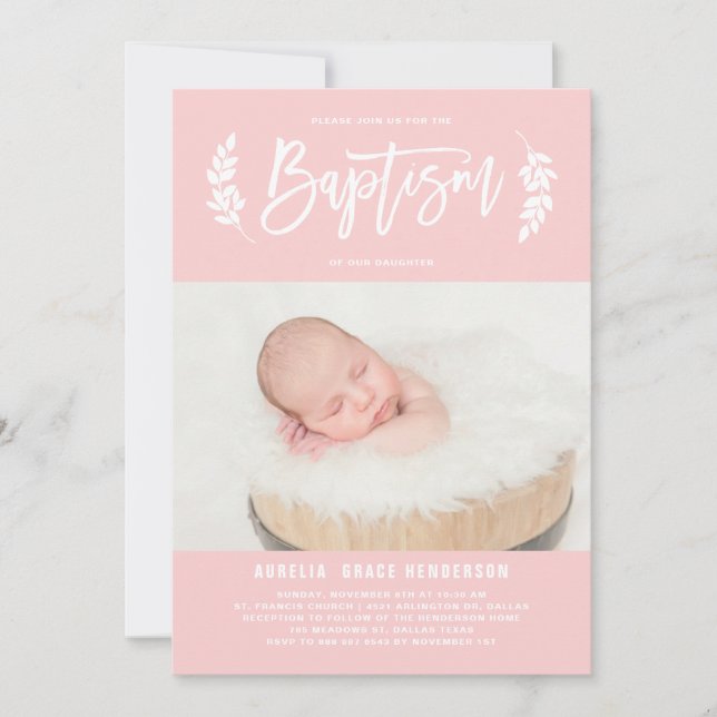 Convites Blush Pink Laurel Wreath Photo Baptism (Frente)