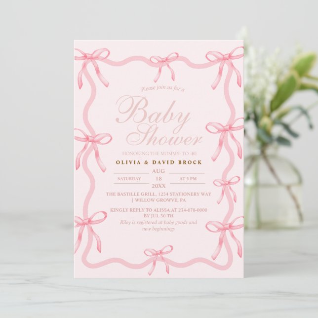 Convites Blush Pink Little Bow Pastel Girl Baby Shower (Em pé/Frente)