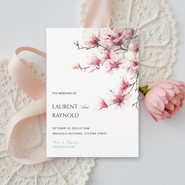 Convites Blush Pink Magnolia Botanical Watercolor Wedding  (Criador carregado)