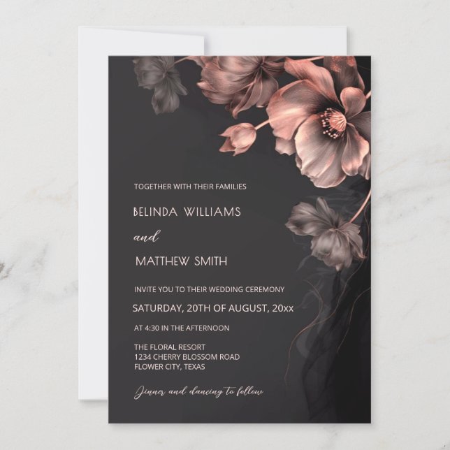Convites Blush Pink Metallic 3 D Flowers Wedding Invitation (Frente)