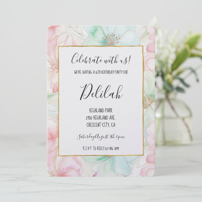 Convites Blush Pink Mint Flowers Birthday (Em pé/Frente)