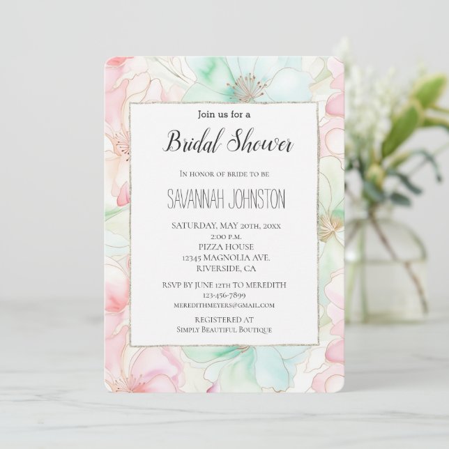 Convites Blush Pink Mint Flowers Bridal Shower (Em pé/Frente)