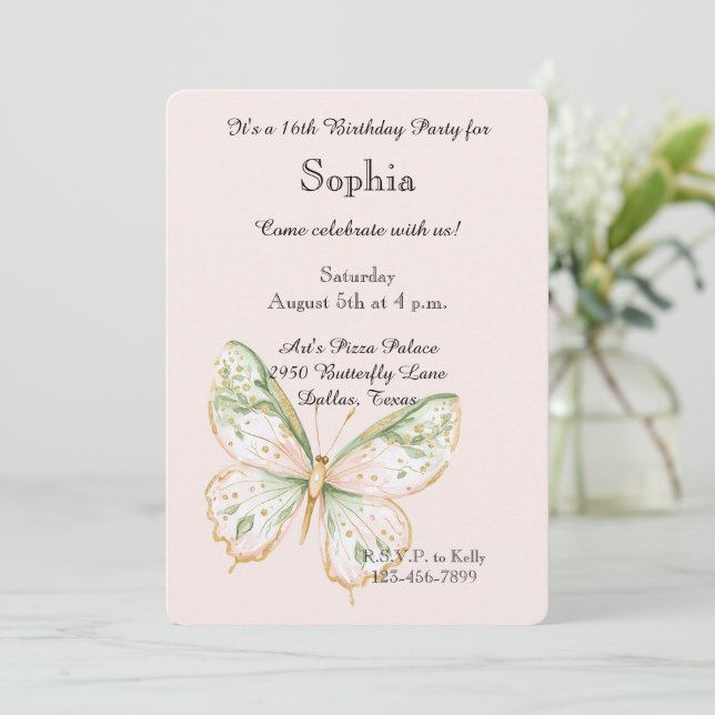 Convites Blush Pink Mint Green Gold Butterfly Birthday (Em pé/Frente)