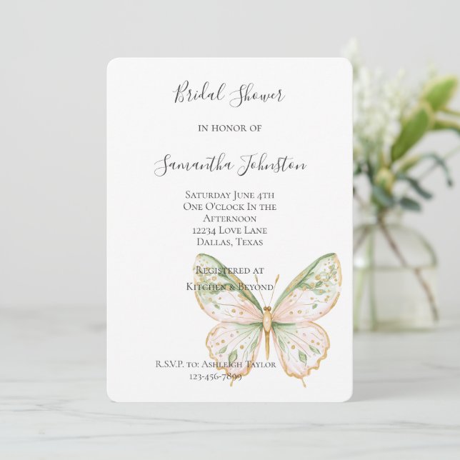 Convites Blush Pink Mint Green Gold Butterfly Bridal Shower (Em pé/Frente)
