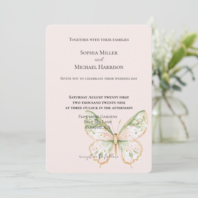Convites Blush Pink Mint Green Gold Butterfly Wedding (Em pé/Frente)