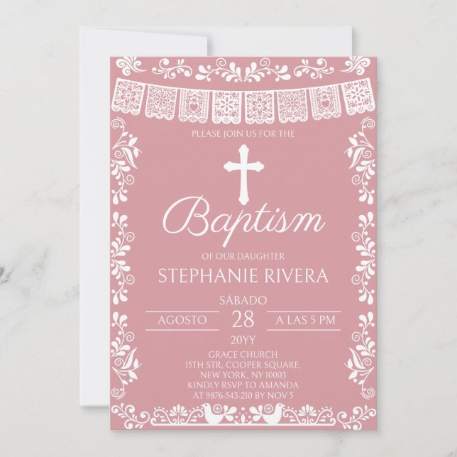 Convites Blush Pink Papel Picado Baptism (Frente)