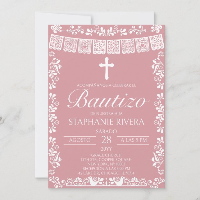 Convites Blush Pink Papel Picado Bautizo Espanhol (Frente)