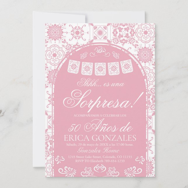 Convites Blush Pink Papel Picado Surprise 50th Birthday (Frente)
