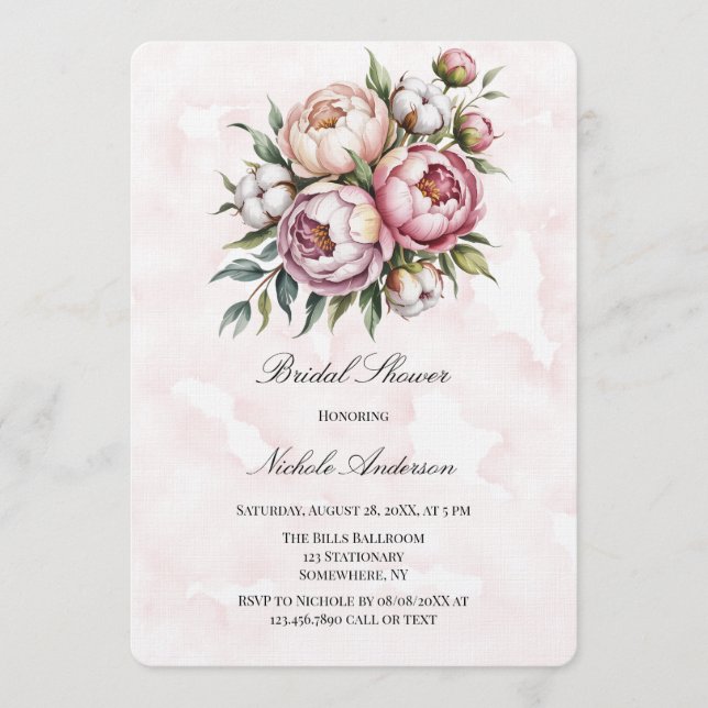 Convites Blush Pink Peony and Cotton Bridal Shower  (Frente)
