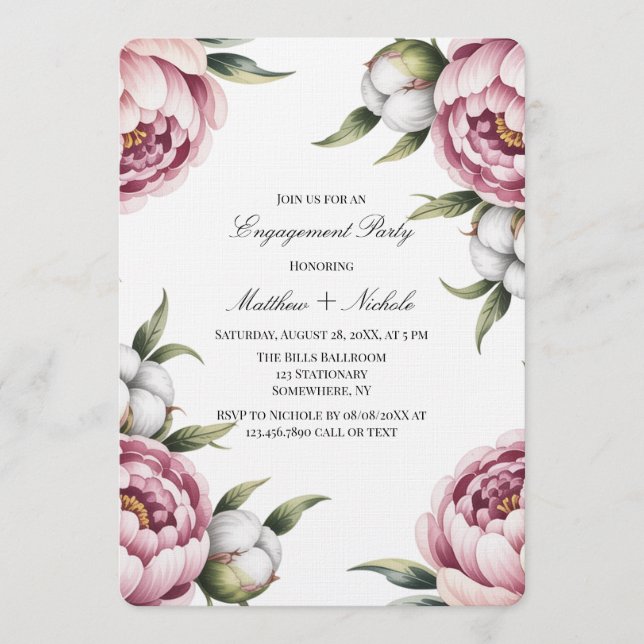 Convites Blush Pink Peony and Cotton Engagement Party (Frente)