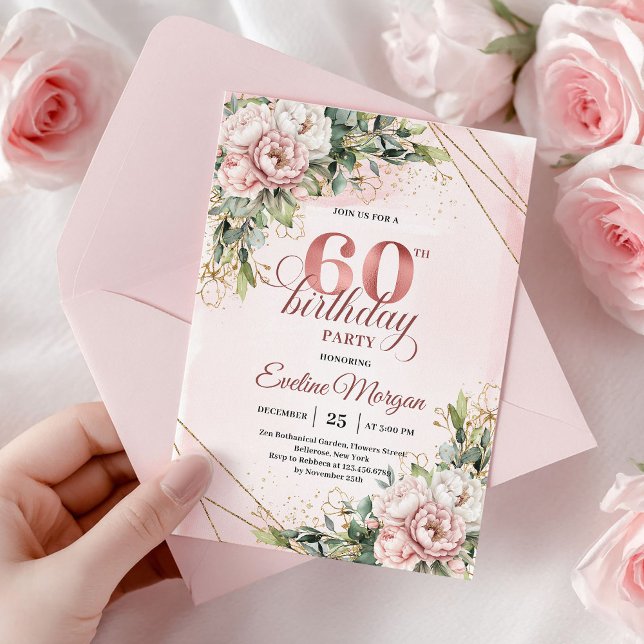Convites Blush Pink Rose Gold Floral 60th Birthday Invites (Blush Pink Rose Gold Floral 60th Birthday Invitation)