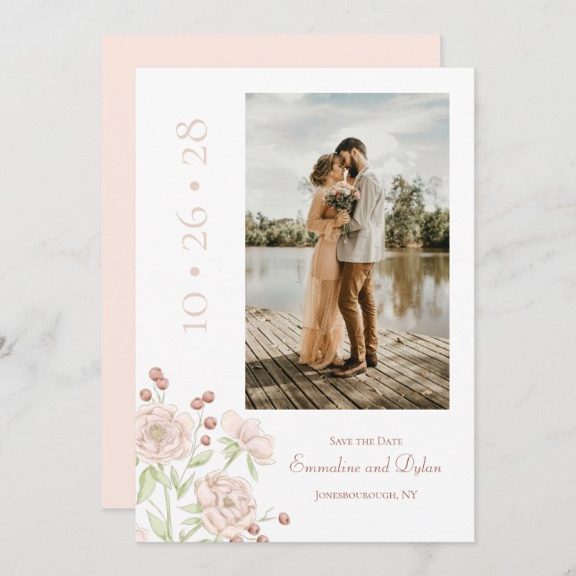 Convites Blush Pink Rose Wedding Modern Save the Date (Frente/Verso)