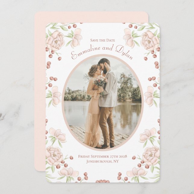 Convites Blush Pink Rose Wedding Save the Date (Frente/Verso)