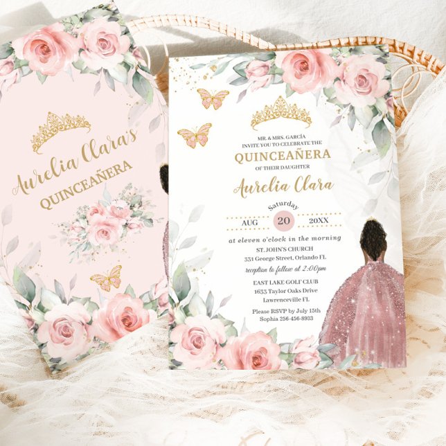 Convites Blush Pink Sage Floral Brown Princesa Quinceañera (Criador carregado)