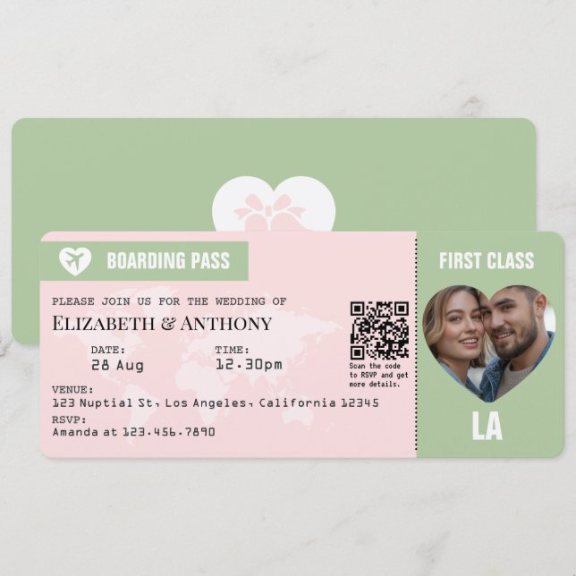 Convites Blush Pink & Sage Green Boarding Pass Wedding (Frente/Verso)
