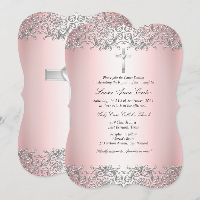 Convites Blush Pink Silver Damask Cross Baptism Christening (Frente/Verso)