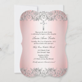 Convites Blush Pink Silver Damask Cross Baptism Christening