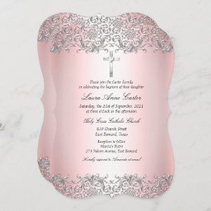 Convites Blush Pink Silver Damask Cross Baptism Christening
