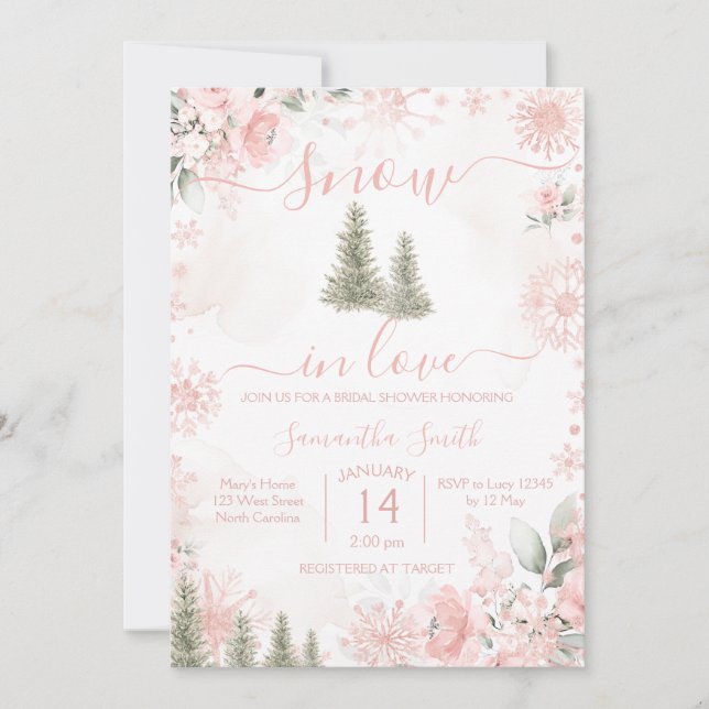 Convites Blush Pink Snow in Love Snowflake Bridal Shower (Frente)
