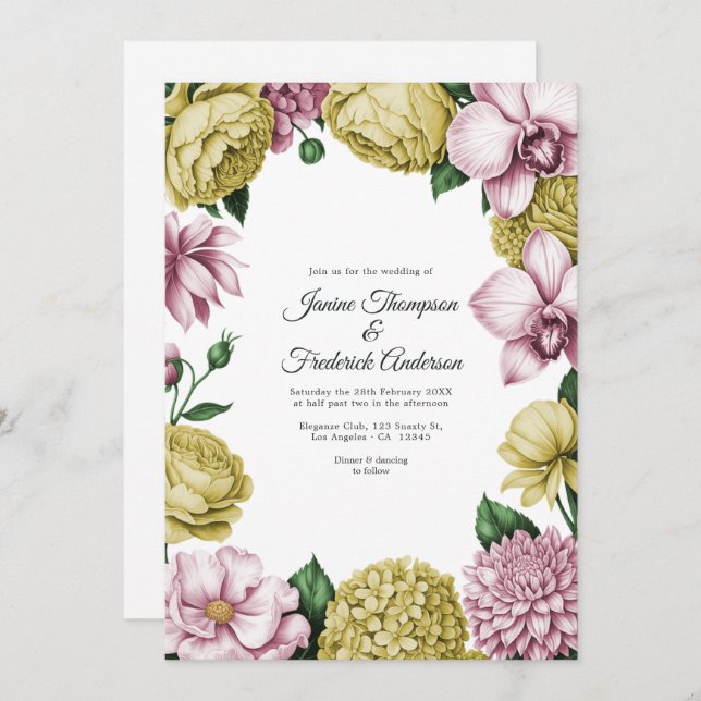 Convites Blush Pink & Soft Gold Watercolor Floral Wedding (Frente/Verso)