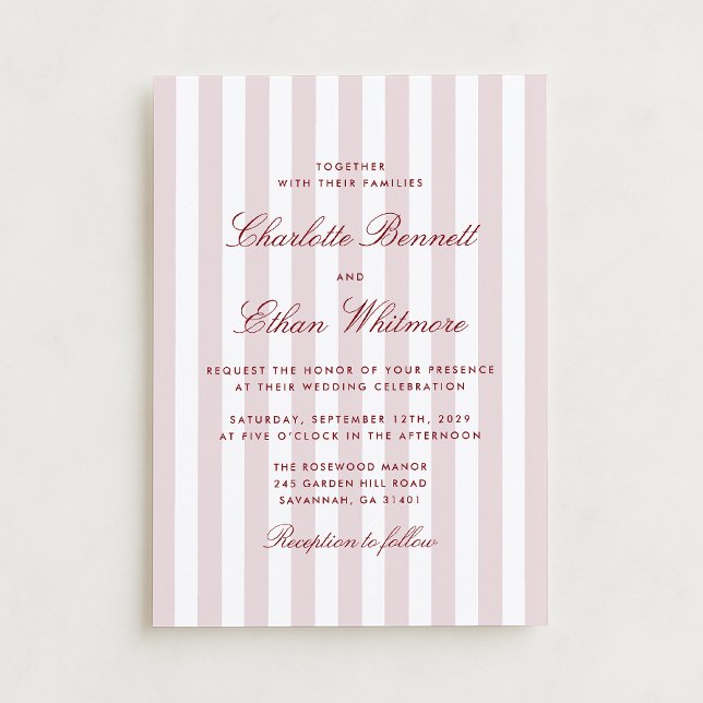 Convites Blush Pink Stripes com Red Script Modern Wedds (Criador carregado)