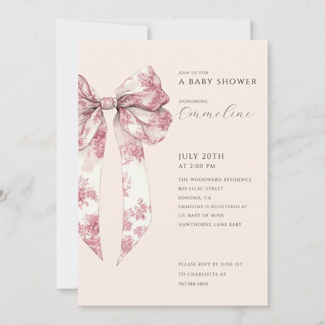 Convites Blush Pink Toile Bow Baby Shower  (Frente)