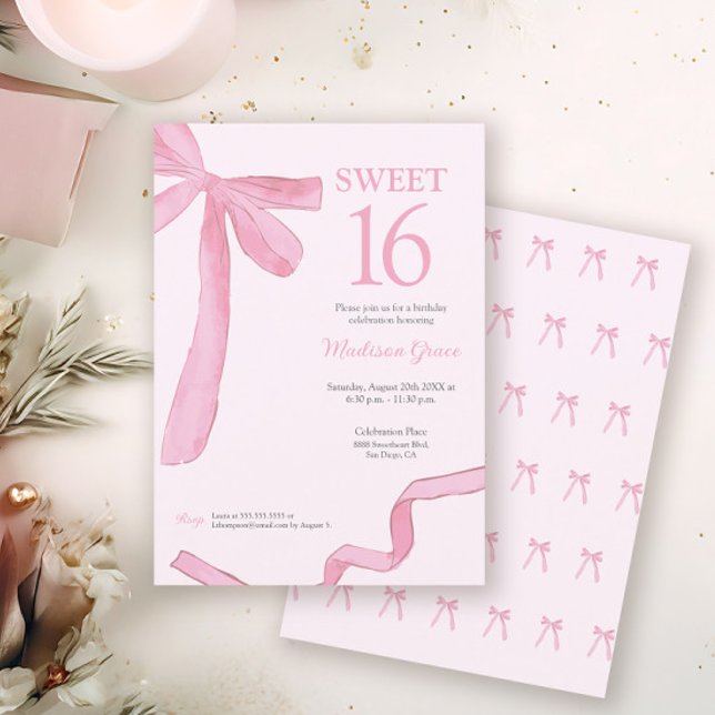 Convites Blush Pink trendy Bow Ribbon Coquette Sweet 16  (Coquette Blush pink ribbon bow Sweet 16 birthday invitation in print and digital download.)