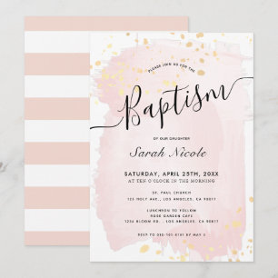 Convites Blush Pink Watercolor Dourada Splatters Girl Bapti