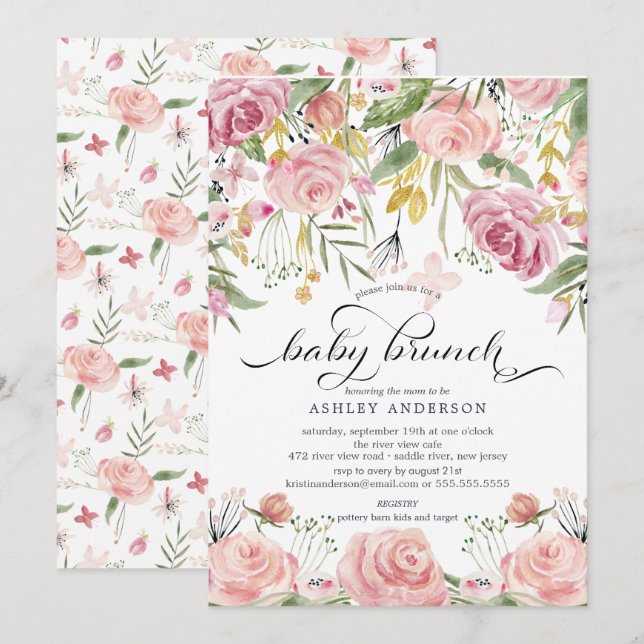 Convites Blush Pink Watercolor Floral Baby Brunch (Frente/Verso)