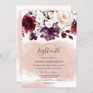 Convites Blush Pink Watercolor Floral Girls 18º Aniversário