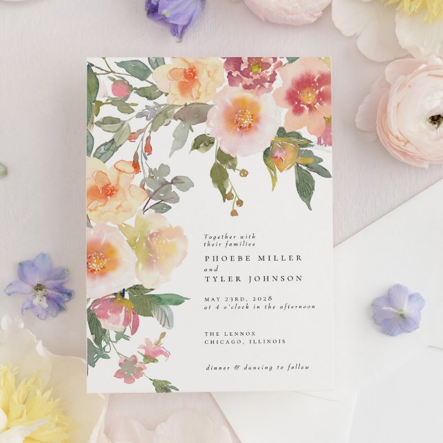 Convites Blush Pink Watercolor Flowers Blooms Casamento (Criador carregado)