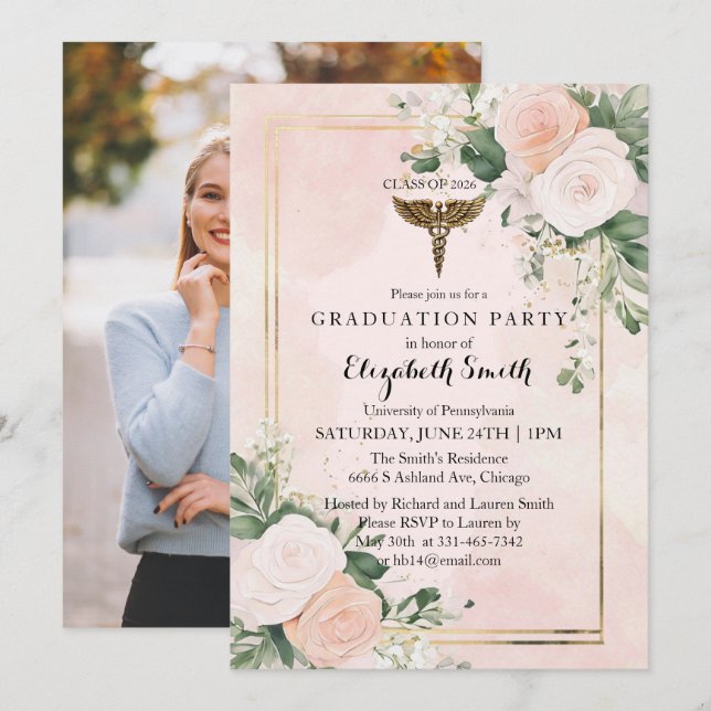 Convites Blush Pink Watercolor Nursing Graduation Invitatio (Frente/Verso)