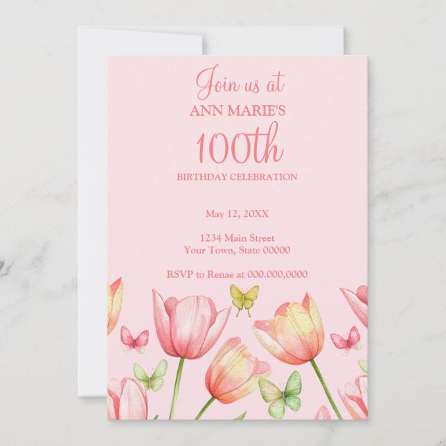 Convites Blush Pink Watercolor Tulips 100th Birthday Party  (Frente)