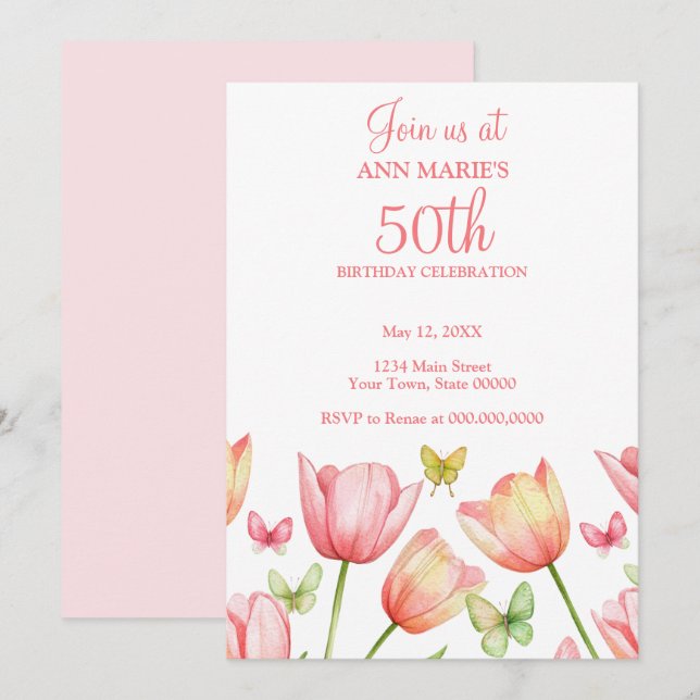 Convites Blush Pink Watercolor Tulips 50th Birthday Party  (Frente/Verso)