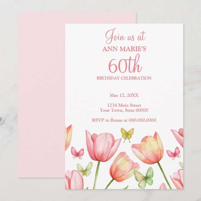 Convites Blush Pink Watercolor Tulips 70th Birthday Party  (Frente/Verso)