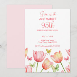 Convites Blush Pink Watercolor Tulips 95th Birthday Party 
