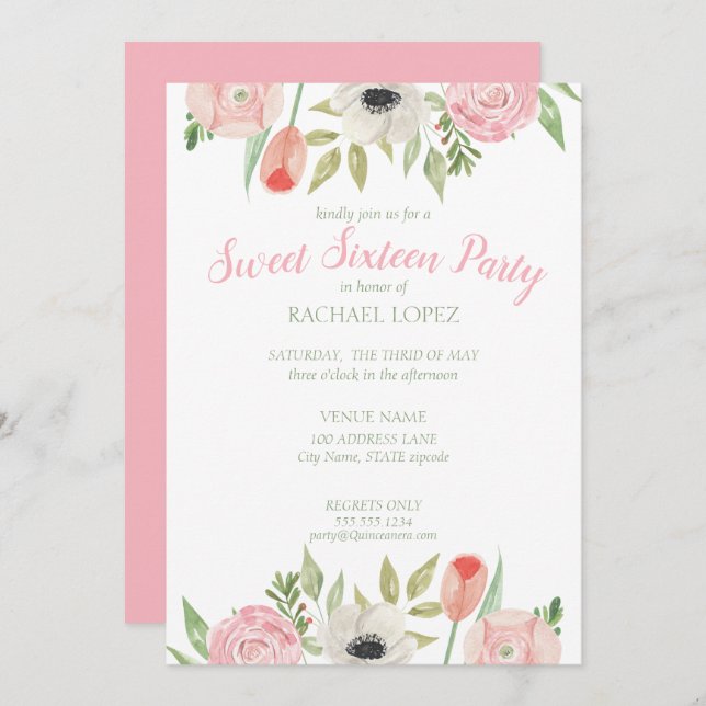 Convites Blush Pink & White Floral Sweet Dezesseis Aniversá (Frente/Verso)