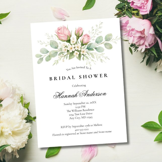Convites Blush Pink White Florals Elegant Bridal Shower (Blush Pink Roses Greenery Bridal Shower Invitation. Elegant Formal. Digital or Printed)