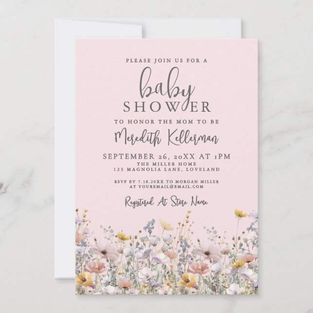 Convites Blush Pink Wildflower Baby Shower (Frente)