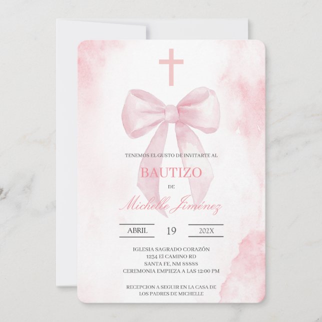 Convites Blush pink with cross baptism  (Frente)