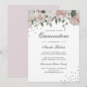 Convites Blush Prata Aquarela Floral Quinceanera