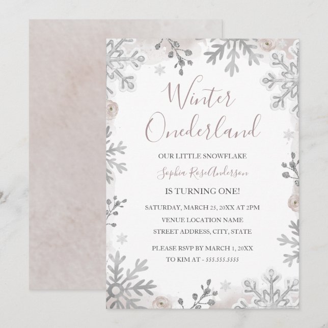Convites Blush Prata Inverno Onederland 1º Aniversário  (Frente/Verso)