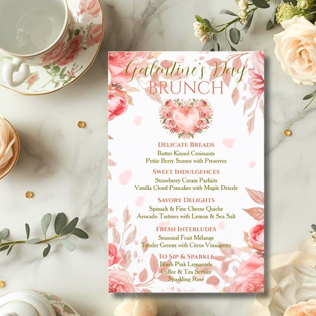 Convites Blush Rococo Floral Heart Galentine Brunch Menu (Criador carregado)