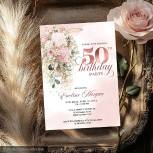 Convites Blush Rosa Aguarela Rose Gold para 50º Aniversário