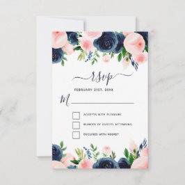 Convites Blush Rosa Azul Marinho Floral Aquarela RSVP