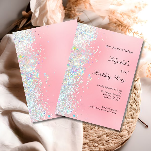 Convites Blush Rosa Branco Brilho Glamour 21º Aniversário  (Blush Pink White Glitter 21st Twenty First Birthday Party Invitation)