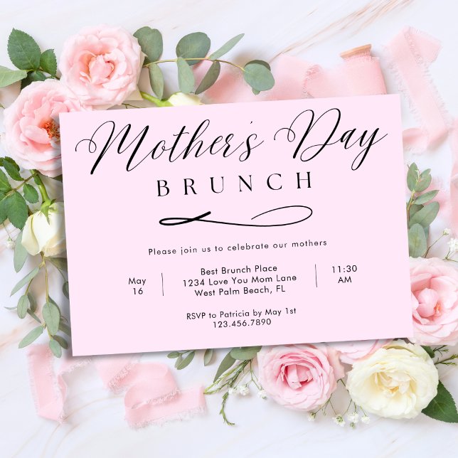 Convites Blush Rosa Chic Simples Roteiro Brunch do Dia das  (Criador carregado)